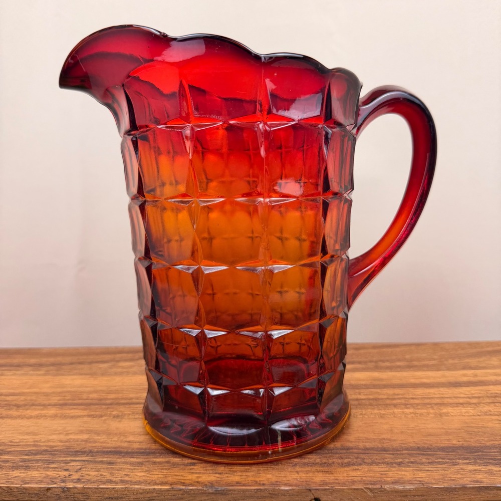 Tiara Glass Constellation Sunset Pitcher Red Amber Orange Geometric Vintage